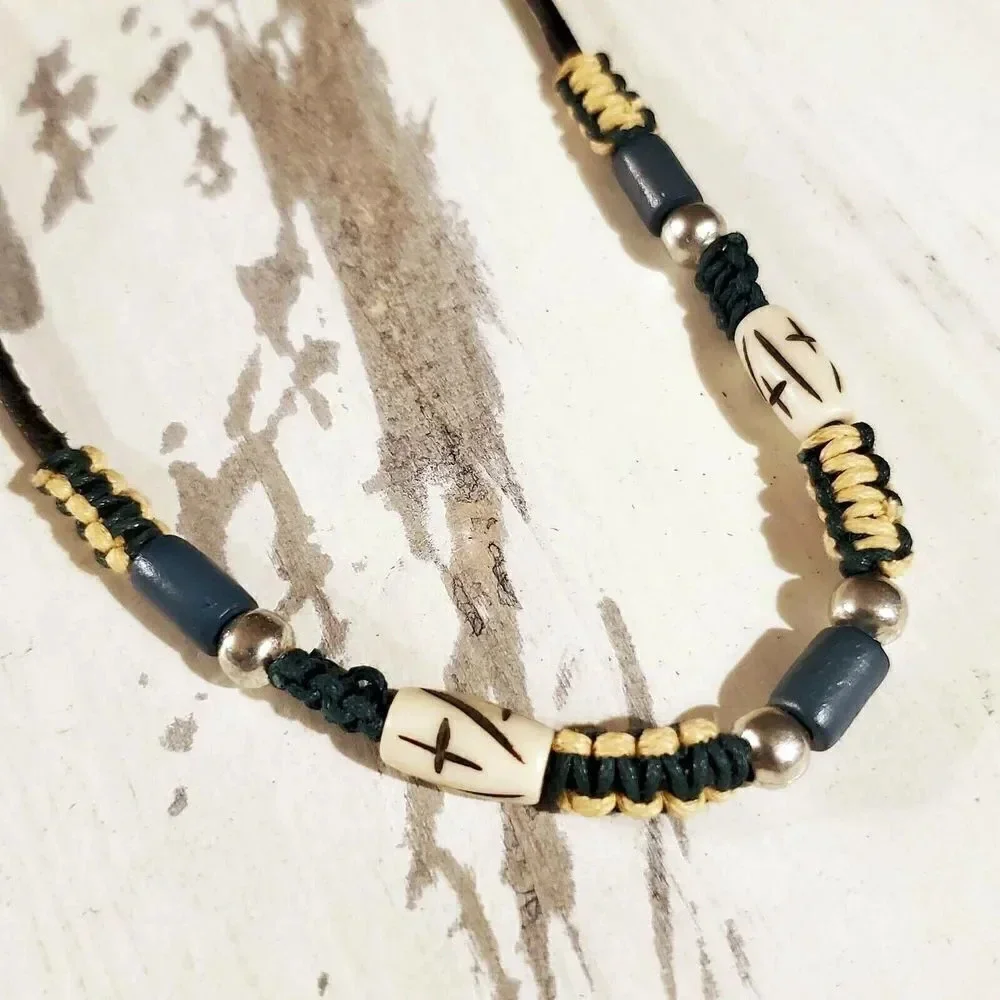 Hand Crafted India Tribal Black Blue Cream Silver Yak Bone Leather Necklace